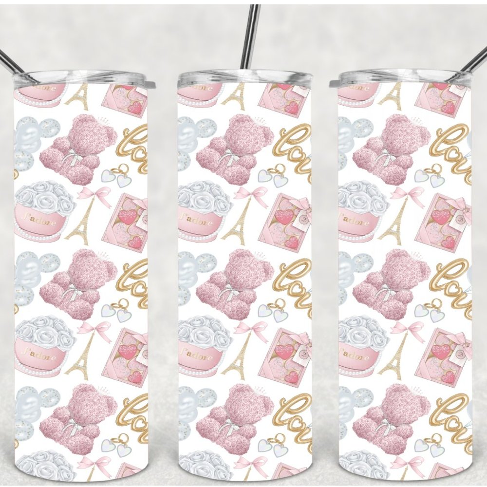 Women's Pink White Gold Valentines Design 20oz Tumbler Coaster Teddy Gift Set